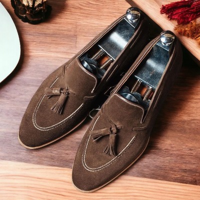 Handmade men's chocolate brown suede tassle loafer shoes
