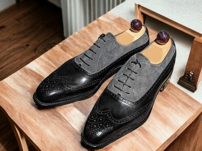 Handmade Men's Twotone Leather & Suede Laceup Wing tip Dress Shoes