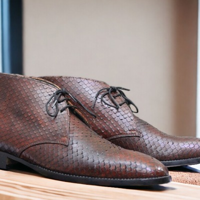 Handmade men's brown python leather lace up chukka boot