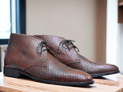 Handmade Men's Brown python Leather Lace up Chukka Boot