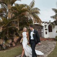 High Neck Sheath Stain Wedding Dresses with Side Slit - Thumbnail 1