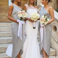 One Shoulder Sheath Grey Silk Satin Bridesmaid Dresses - Thumbnail 1