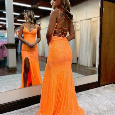 Sexy v neck orange sequins long prom dresses with slit - Thumbnail 3