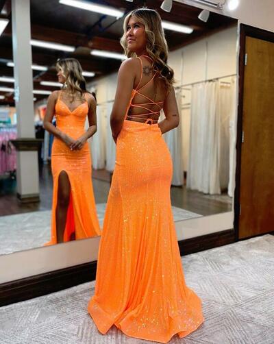 Sexy V Neck Orange Sequins Long Prom Dresses with Slit