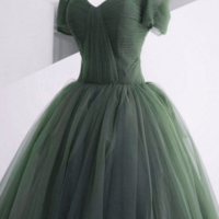 Green Off Shoulder Tulle Sweetheart Long Party Dress, Green Tulle Evening Dress Prom Dress KPP1754 - Thumbnail 1