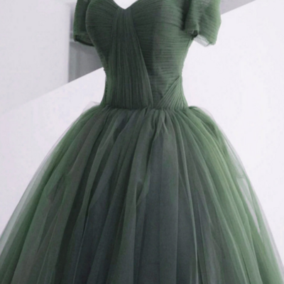 Green off shoulder tulle sweetheart long party dress, green tulle evening dress prom dress kpp1754