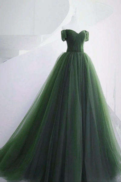 Green Off Shoulder Tulle Sweetheart Long Party Dress, Green Tulle Evening Dress Prom Dress KPP1754