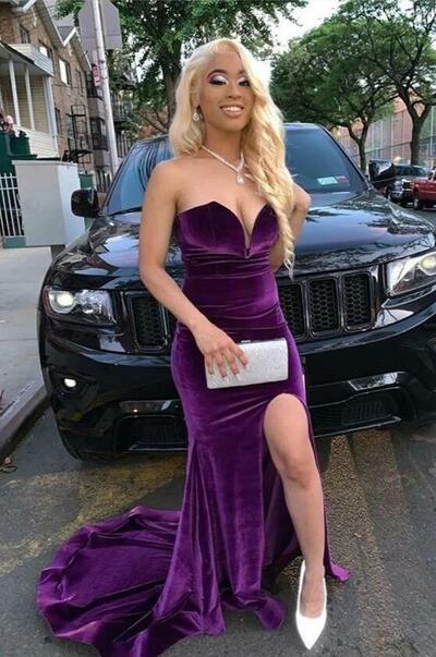 Sweetheart strapless purple velvet side slit prom dress with sweep train 