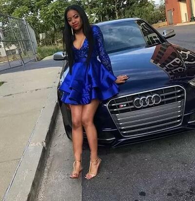Sexy Long Sleeve Royal Blue Sequin Short Prom Dresses