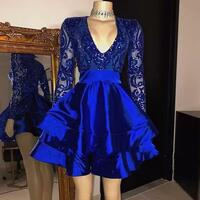 Sexy Long Sleeve Royal Blue Sequin Short Prom Dresses - Thumbnail 2