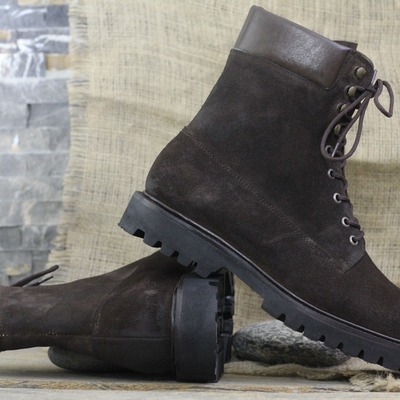 Handmade men's brown suede laceup chunky sole boot - Thumbnail 1