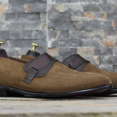 Handmade men's brown suede penny loafer shoes - Thumbnail 2