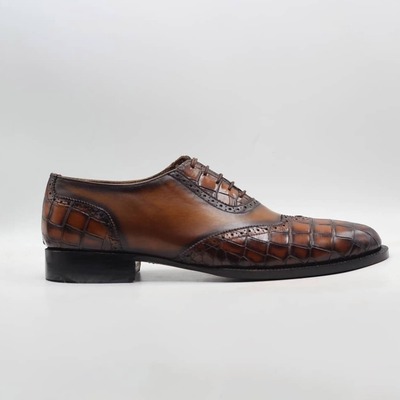 Handmade men's brown leather & alligator print laceup dress shoes - Thumbnail 1