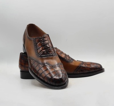 Handmade Men's Brown Leather & Alligator Print Laceup Dress Shoes