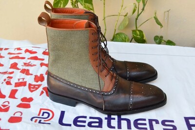 Custom Handmade Men Ankle High Lace up Black Brown and Tweed Contrast Balmoral Boot