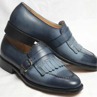  Crafted Leather Handmade Gray Black Shaded Fringes Single Monk Strap Party Wear Dress Shoes - Thumbnail 1