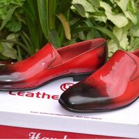 Crafted Leather Handmade Men Red Patent Moccasin Loafers Dress Shoes - Thumbnail 1