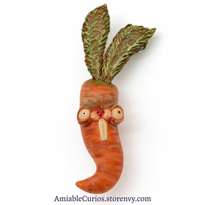 Psyched Carrot Bunny Halloween Pin, polymer clay brooch, unique fantasy animal and vegetable cross, ooak