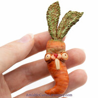Psyched Carrot Bunny Halloween Pin, polymer clay brooch, unique fantasy animal and vegetable cross, ooak - Thumbnail 1