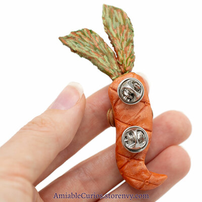 Psyched carrot bunny halloween pin, polymer clay brooch, unique fantasy animal and vegetable cross, ooak