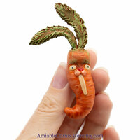 Shocked Carrot Bunny Halloween Pin, polymer clay brooch, unique fantasy animal and vegetable cross, ooak - Thumbnail 3