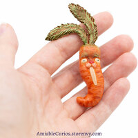 Shocked Carrot Bunny Halloween Pin, polymer clay brooch, unique fantasy animal and vegetable cross, ooak - Thumbnail 1