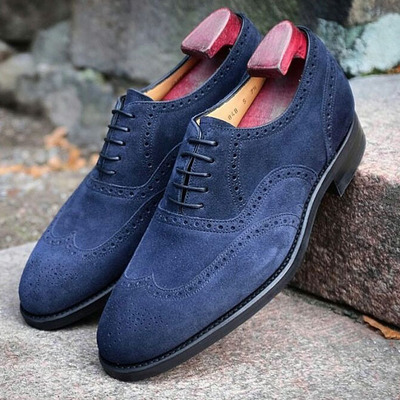 Blue color premium leather wing tip lace up oxford men rounded toe vintage shoes - Thumbnail 2