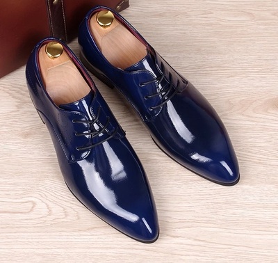 Patent Genuine Leather Shiny Blue Derby Toe Wedding Party Wear Handmade Shoes