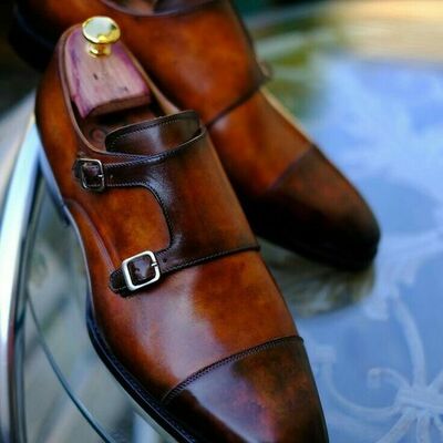 Handmade men's monk shoes, men's two tone leather double monk strap casual shoes