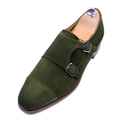 Men green double monk suede leather shoes