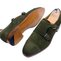 Men Green Double Monk Suede Leather Shoes - Thumbnail 2