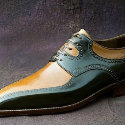 Handmade men's leather stylish lace up shoes, men's tan green color derby designing shoes