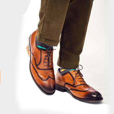 Burnished tan color oxford men premium leather handmade wing tip vintage shoes