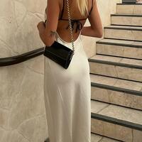 Spaghetti Strap Sleeveless Tie Backless Satin Long Prom Dress - Thumbnail 1