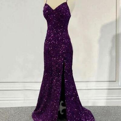 Mermaid dark purple sequin formal prom dress evening dress