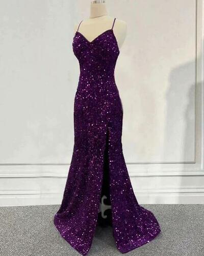 Mermaid Dark Purple Sequin Formal Prom Dress Evening Dress