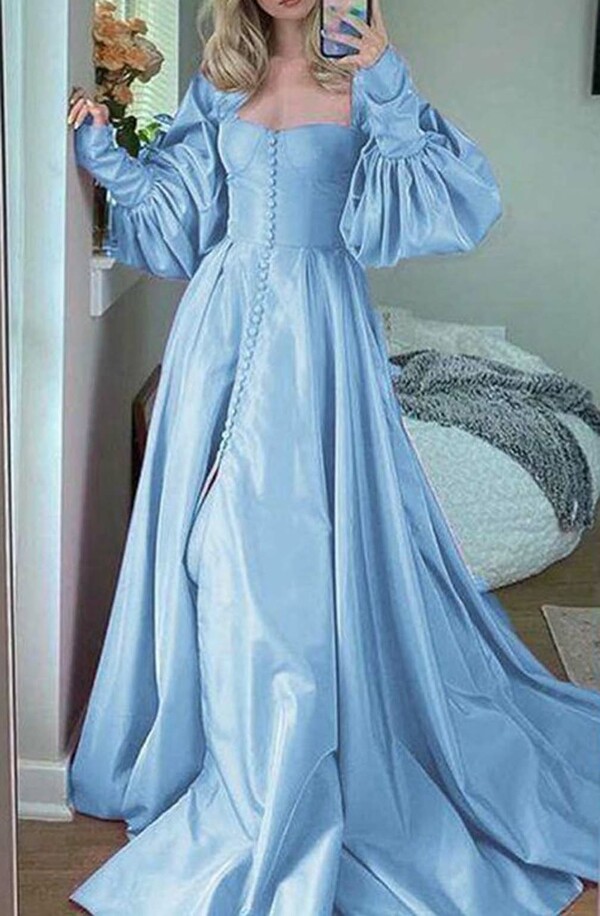 Women's A-Line/Princess Satin Prom Dresses Long Sweetheart Evening Party Gown Long Sleeves Formal Dress A661