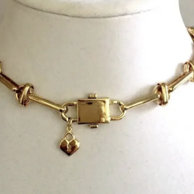 Stainless steel gold tone heart pad lock valentines day choker necklace 