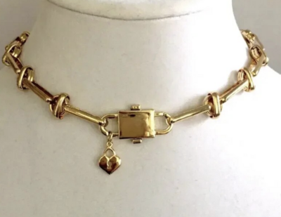 Stainless Steel Gold tone heart pad lock valentines day choker necklace 