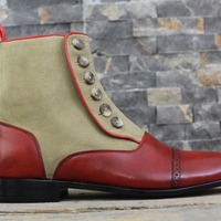 Handmade Men's Two tone Leather & Suede Button CapToe Ankle Boot - Thumbnail 1