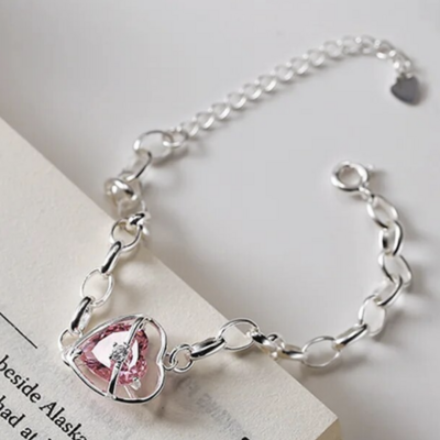 Pink valentines heart cz bracelet adjustable 