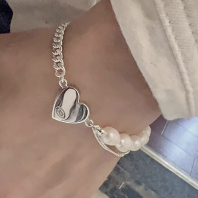 Silver and pearl heart valentines day bracelet adjustable 