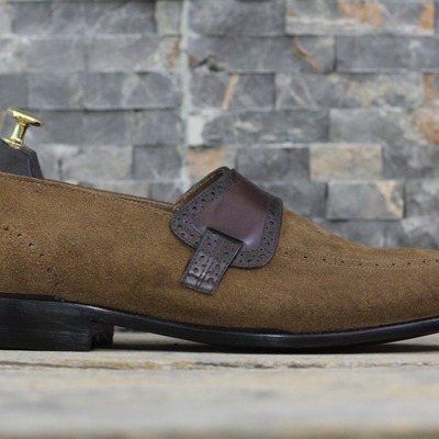 Handmade men's brown suede penny loafer shoes