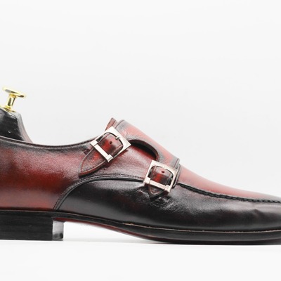 Handmade men's two tone leather double buckle formal shoes