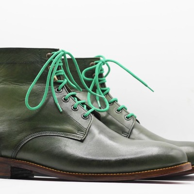 Handmade men's green leather lace up derby boot