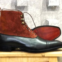 Handmade Men's Two tone Leather & Suede Laceup Cap Toe Boot - Thumbnail 1