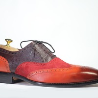Handmade Men's Multi Tone Leather & Suede Laceup Wing Tip Dress Shoes - Thumbnail 1