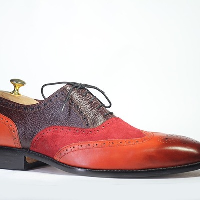 Handmade men's multi tone leather & suede laceup wing tip dress shoes