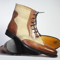 Handmade Men's Two tone Leather & Suede Wing Tip Ankle Boot - Thumbnail 2