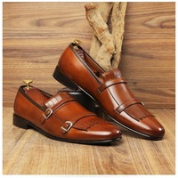 Handmade Men's Brown Leather Double Buckle Fringe Shoes - Thumbnail 1